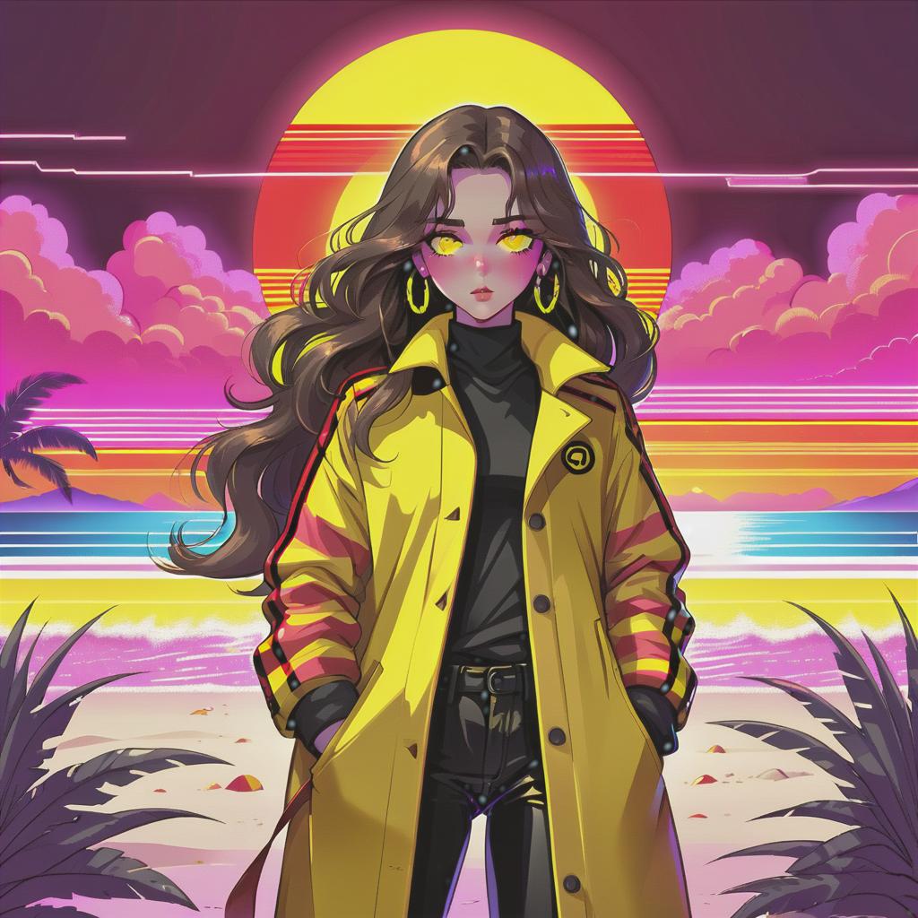  retro cyberpunk the girl is standing on the beach. she has long dark brown hair, which gently falls on her shoulders, and his face, with jewish and slavic features, exudes calmness with brown eyes. he is dressed in a bright yellow coat that immediately attracts attention and contrasts with the surrounding landscape. under the coat is a black shirt, and black pants are additionally decorated with yellow elements, creating a harmonious and stylish image. the sun sets over the horizon, shrouding everything around in red shades, and bright red stripes lie on the surroundings contrasting with the darkness and creating a magical atmosphere. . 80's inspired, synthwave, neon, vibrant, detailed, retro futurism