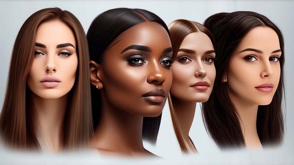  different beauty. set of different female heads of different ages on a light background. ar 16:9, (natural skin texture), highly detailed face, depth of field, hyperrealism, soft light, muted colors