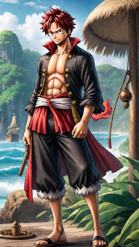  anime art: luffy learns leadership and compassion from shanks, shaping his path to pirate king in one piece. hyperrealistic, full body, detailed clothing, highly detailed, cinematic lighting, stunningly beautiful, intricate, sharp focus, f/1. 8, 85mm, (centered image composition), (professionally color graded), ((bright soft diffused light)), volumetric fog, trending on instagram, trending on tumblr, HDR 4K, 8K