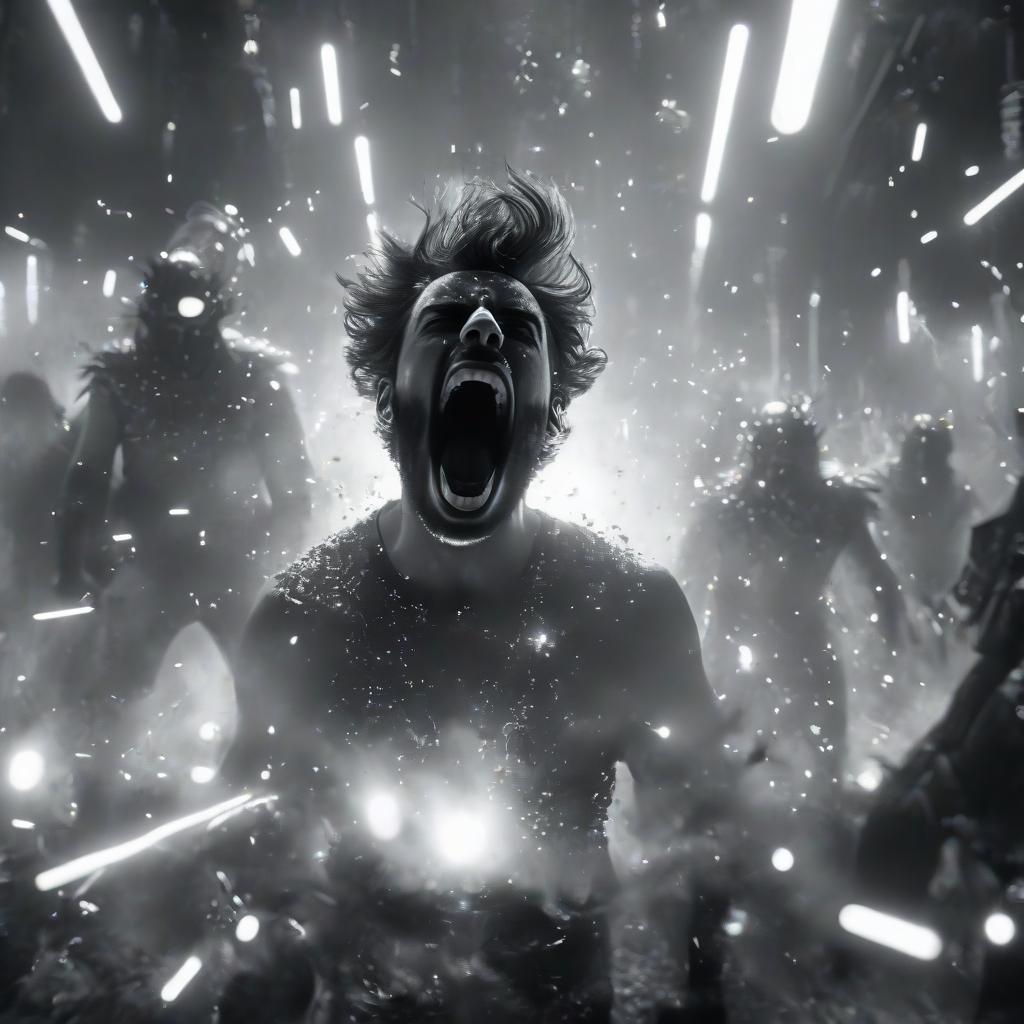  a black and white picture of a man with his mouth open, phonk album cover, by grytė pintukaitė, grunged up, unbearable anxiety, underground party, persephone, merged, breakdown, displacement, glowneon hyperrealistic, full body, detailed clothing, highly detailed, cinematic lighting, stunningly beautiful, intricate, sharp focus, f/1. 8, 85mm, (centered image composition), (professionally color graded), ((bright soft diffused light)), volumetric fog, trending on instagram, trending on tumblr, HDR 4K, 8K