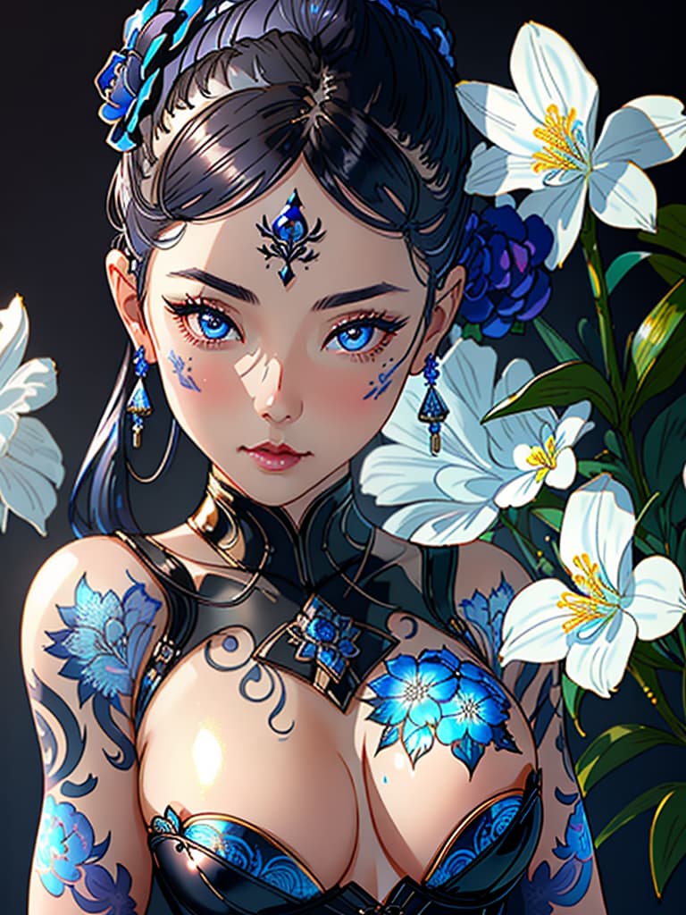  Close-up porcelain female figurine, looking to the camera, glossy surface, glaze, shiny, blue floral tattoos on her, dark gradient background, baroque dark style, hyperrealistic, CG society, intricate details