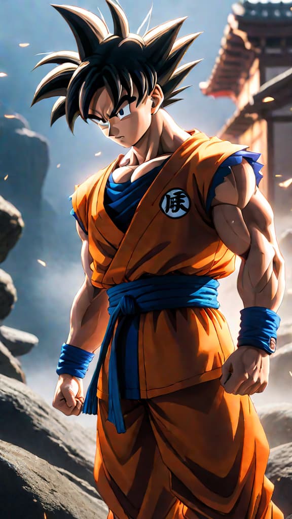  anime art: goku from dragon ball mastering ki with determination and emotional intensity. hyperrealistic, full body, detailed clothing, highly detailed, cinematic lighting, stunningly beautiful, intricate, sharp focus, f/1. 8, 85mm, (centered image composition), (professionally color graded), ((bright soft diffused light)), volumetric fog, trending on instagram, trending on tumblr, HDR 4K, 8K