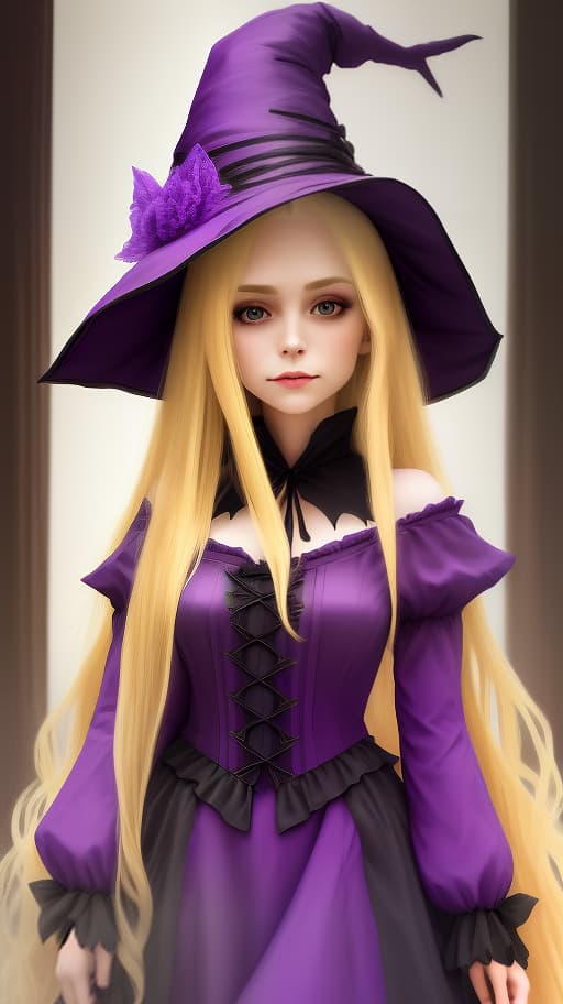   in witch costume, blonde long hair, medium size, open neckline in costume, purple color of witch costume