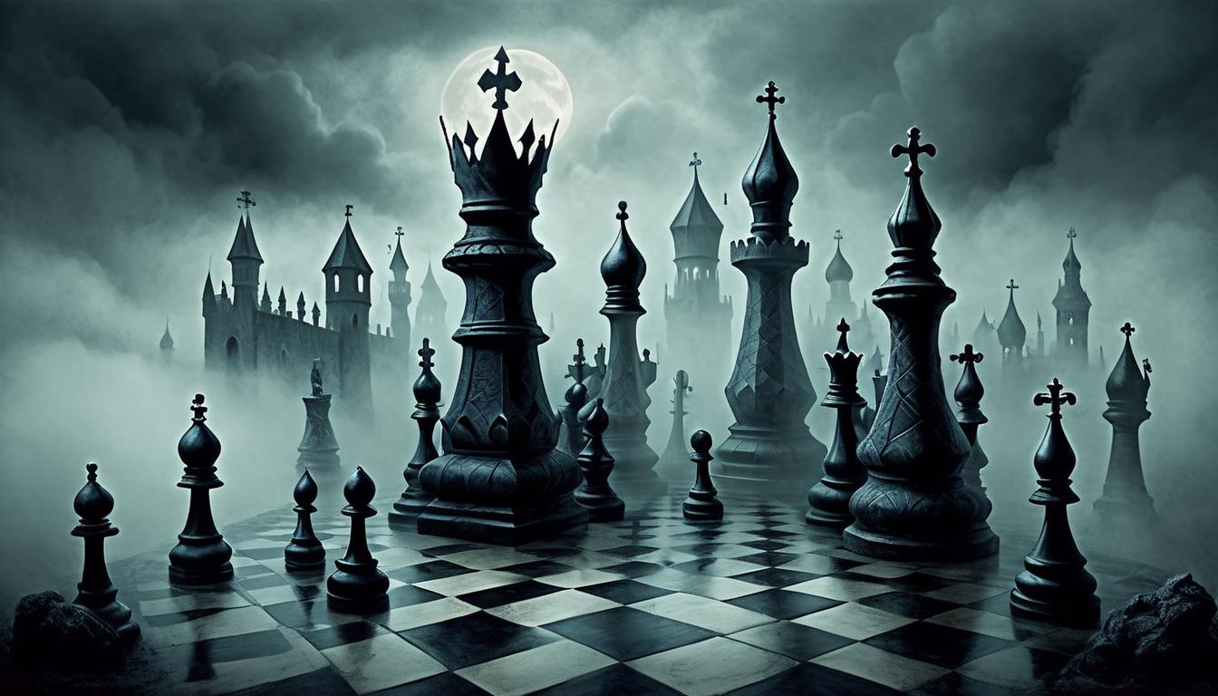  on parchment, surrealism+++, gothic chessboard shrouded in mist, twisted and darkened pieces, foreboding atmosphere, dim moonlight, ethereal fog, sense of strategy and deception(mysterious, provocative, symbolic,muted color)+++