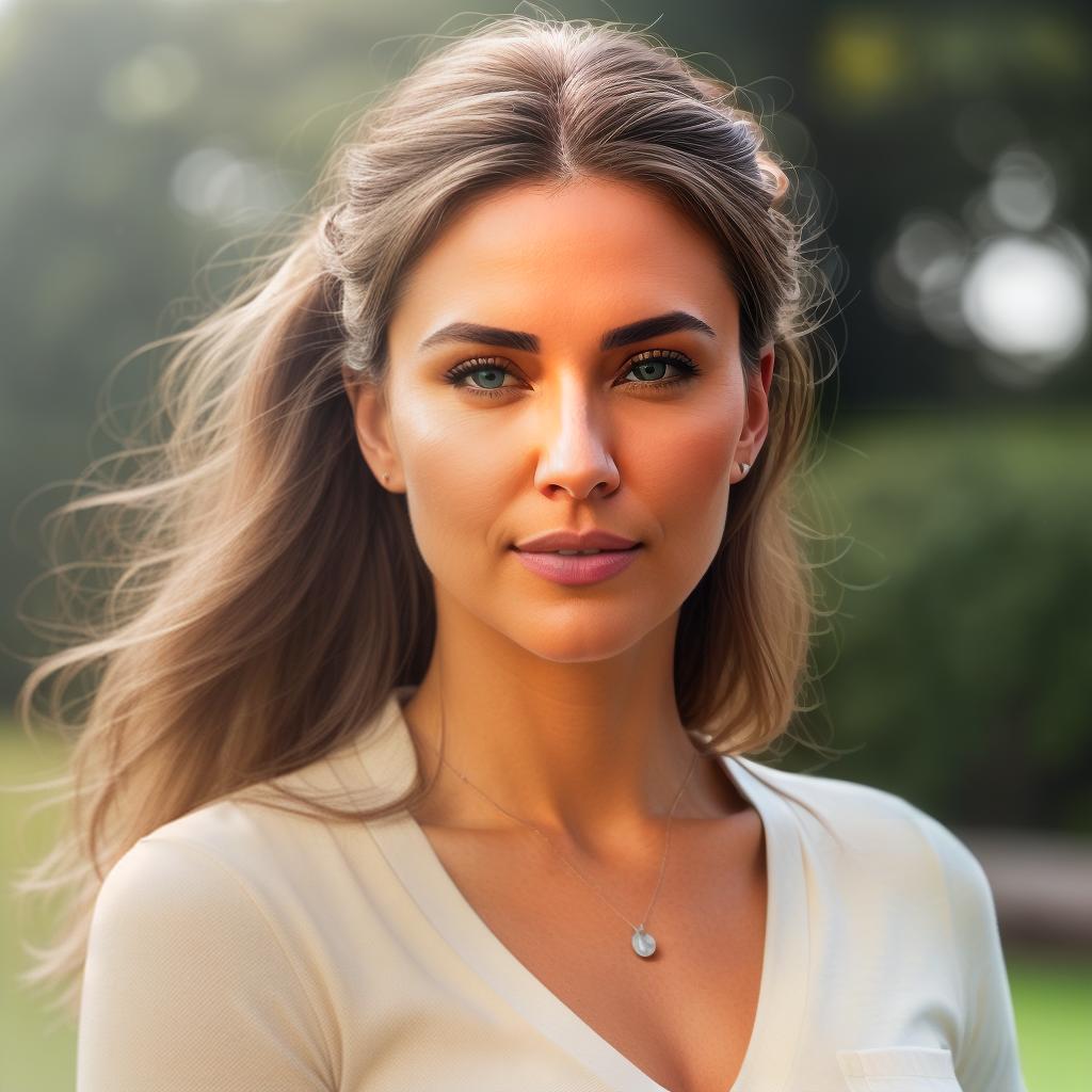  (((realistic full torso frontal head shot of a light beige to medium tan skin tone woman))), georgia carla bauer, ((caucasian heritage)), immature face, blue eye color, ((bun hair style)), (( hair color)), ((athletic body type)), flat size, small size, (immature straight broad nose), (immature soft cheeks), (immature smooth jawline), (immature thin lips), (immature medium forehead), (immature even eyebrows), (immature rounded chin), standing straight looking directly into the camera,((wearing fitted polo shirt with deep v neck and monogrammed pocket)), backyard in background, 1, best quality, highest quality, award winning photo, masterpiece, raw, professional photography, photorealism, sharp focus, cinematic, h hyperrealistic, full body, detailed clothing, highly detailed, cinematic lighting, stunningly beautiful, intricate, sharp focus, f/1. 8, 85mm, (centered image composition), (professionally color graded), ((bright soft diffused light)), volumetric fog, trending on instagram, trending on tumblr, HDR 4K, 8K