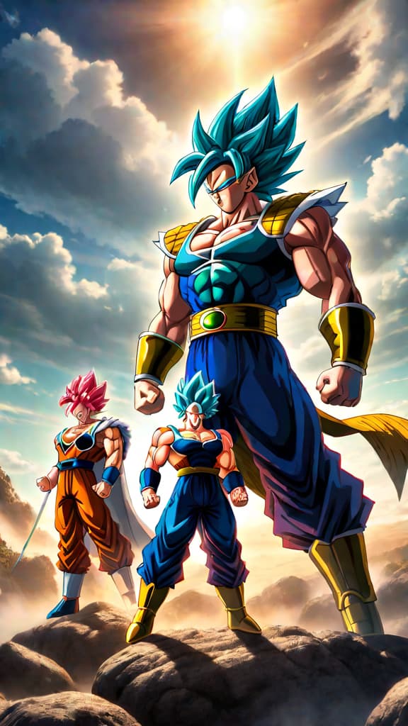  anime art: broly and vegeta from dragon ball, prompting viewers to share their choice for the next god of destruction. hyperrealistic, full body, detailed clothing, highly detailed, cinematic lighting, stunningly beautiful, intricate, sharp focus, f/1. 8, 85mm, (centered image composition), (professionally color graded), ((bright soft diffused light)), volumetric fog, trending on instagram, trending on tumblr, HDR 4K, 8K