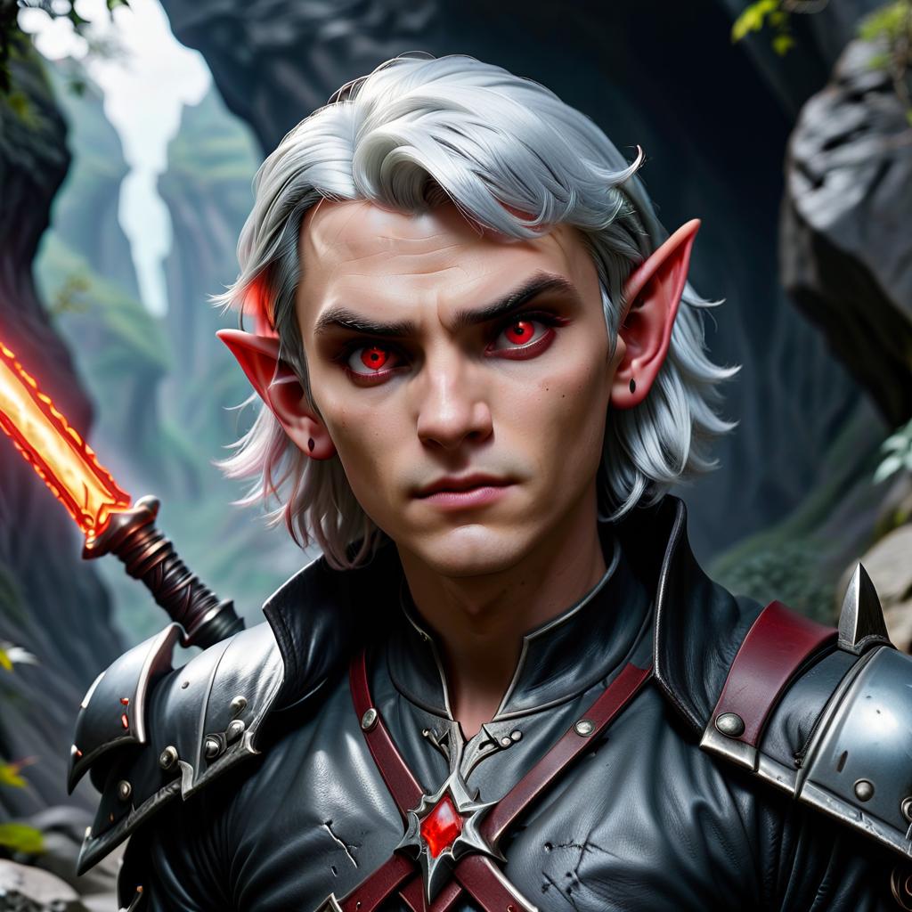  cinematic photo drow male elf cleric, dark grey graphite color skin, red eyes, silver medium haircut, black leather jacket, iron battle mace, impudent arrogant rude expression, traveler shoulder bag, half body view, dark cave temple . 35mm photograph, film, bokeh, professional, 4k, highly detailed, civitai