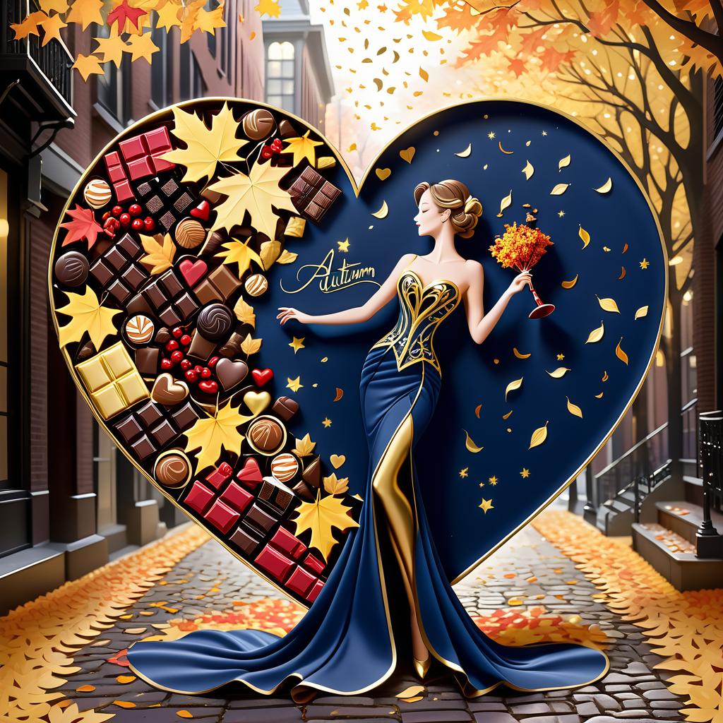  luxury product style on a carpet of yellow leaves in a simple dress of wind given crepe autumn danced a waltz boston in an alleyway. the warm day flew away and the saxophone sang hoarsely. (background of the card): falling autumn leaves, a whirlwind of autumn leaves, wind saxophone, ((a box of chocolates, the inscription "autumn waltz")) , a greeting card. (heart), a beautiful figure made of contours in the shape of a heart. (heart colour): night sky background, stars, gold pattern. (style):fantasy, autumn art, autumn romance. (colours):gold, green gold, navy blue, red, red gold, brown gold, silver, golden blue, bluish blue, dark blue on gold . elegant, sophisticated, high end, luxurious, professional, highly detailed