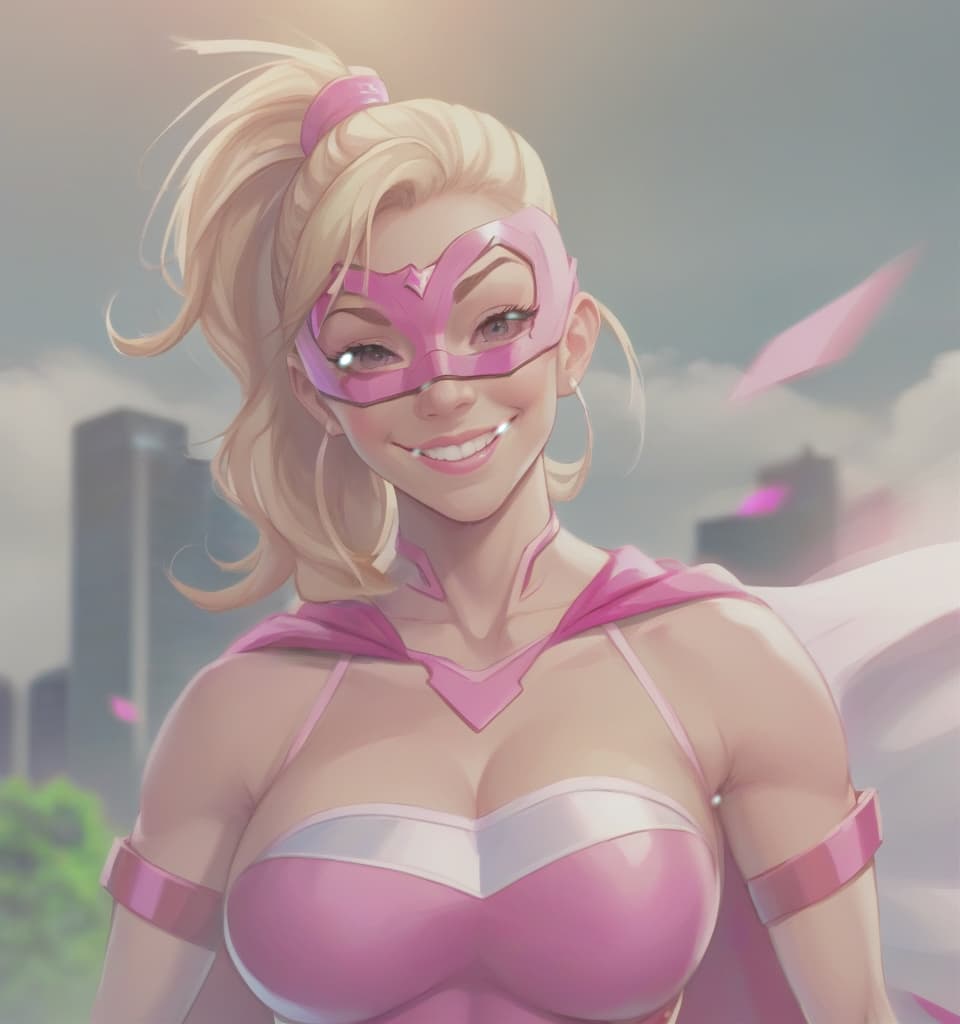  superheroine, young woman, blonde hair with pink streak, pink mask, hairstyle high ponytail smile