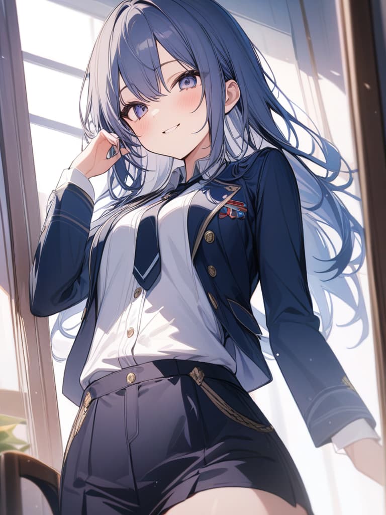  smile girl, dark blue blazer, uniform, mini , long hair, cute, dark blue high socks, masterpieces, winks, winks, waist ups, masterpiece, best quality,8k,ultra detailed,high resolution,an extremely delicate and beautiful,hyper detail