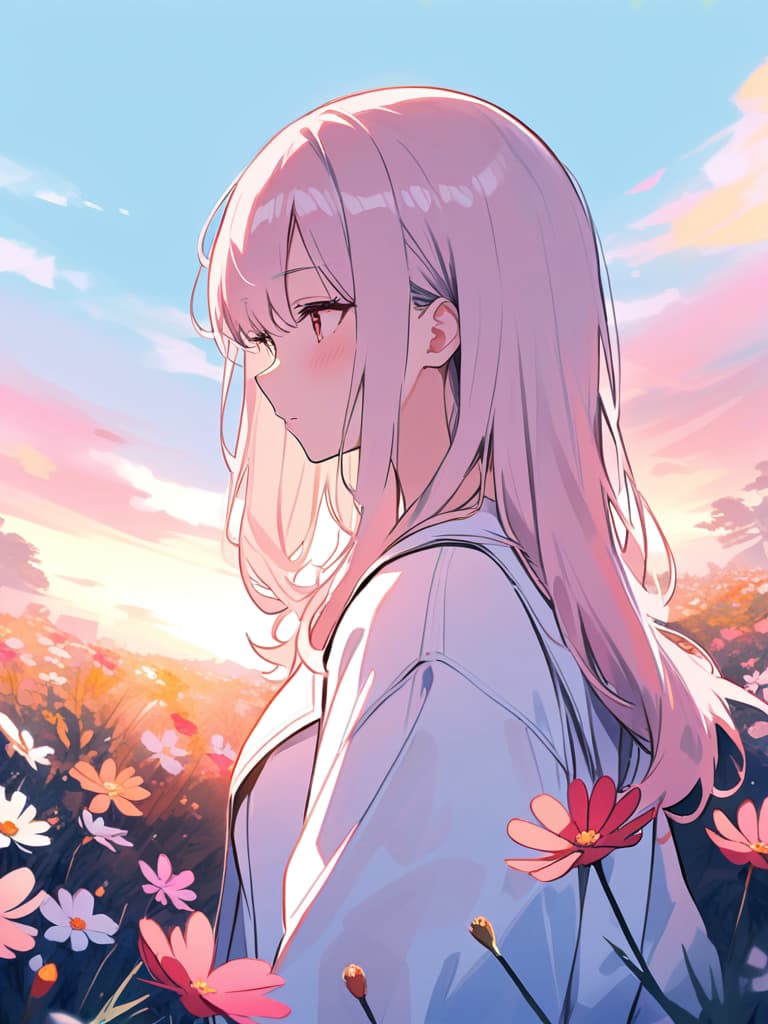  masterpiece,(pastel watercolor style with pink,light blue and white:1.5),(cosmos blooming meadow:1.5),(super beautiful girl),(long fluffy hair:1.2),,profile,sunset,high quality,8k