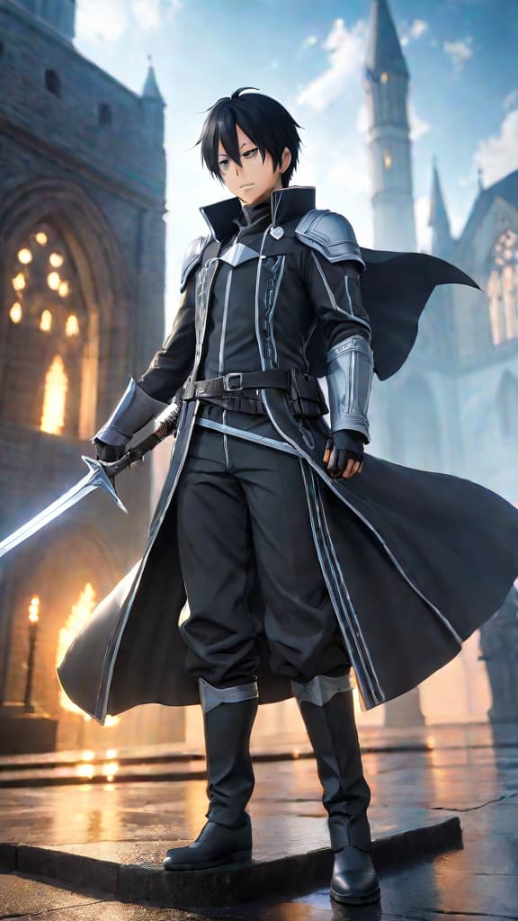  anime art: kirito as the virtual world's intertwined savior and prisoner in sword art online. hyperrealistic, full body, detailed clothing, highly detailed, cinematic lighting, stunningly beautiful, intricate, sharp focus, f/1. 8, 85mm, (centered image composition), (professionally color graded), ((bright soft diffused light)), volumetric fog, trending on instagram, trending on tumblr, HDR 4K, 8K