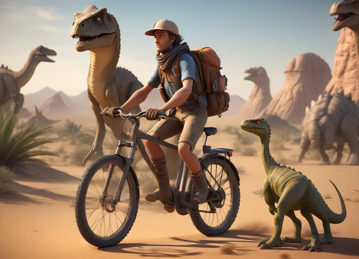  professional 3d model the main character of the computer game, a courier in the desert on a bicycle, in full growth, brave, exhausted, against the dinosaurs . octane render, highly detailed, volumetric, dramatic lighting