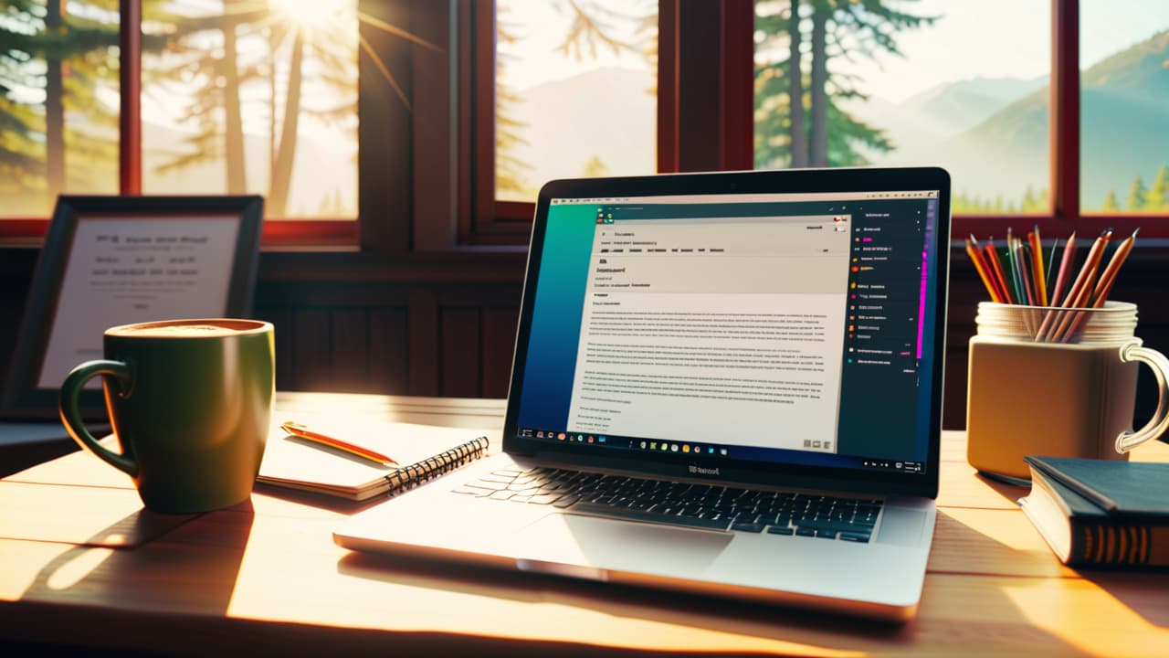  a cozy home office scene featuring a laptop with stock charts, a notepad filled with handwritten notes, a steaming coffee mug, and a window showing a sunny day, symbolizing self directed learning in stock trading. hyperrealistic, full body, detailed clothing, highly detailed, cinematic lighting, stunningly beautiful, intricate, sharp focus, f/1. 8, 85mm, (centered image composition), (professionally color graded), ((bright soft diffused light)), volumetric fog, trending on instagram, trending on tumblr, HDR 4K, 8K