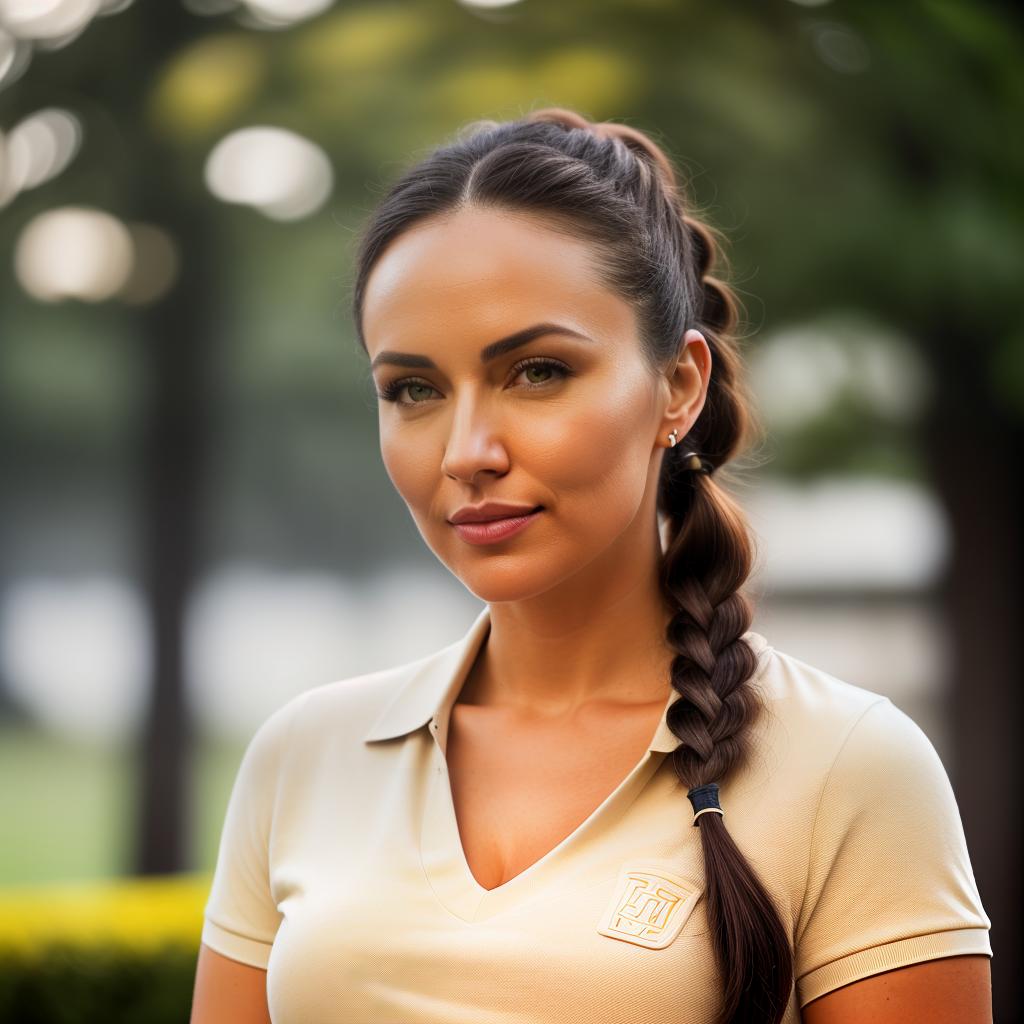  (((realistic full torso frontal head shot of a light beige to medium tan skin tone woman))), hedwig elena koch, ((caucasian heritage)), immature face, brown eye color, ((pigtails hair style)), ((black hair color)), ((curvy body type)), big size, small size, (immature small straight nose), (immature defined cheekbones), (immature soft jawline), (immature medium lips), (immature high forehead), (immature perfect symmetry), (immature dimpled chin), standing straight looking directly into the camera,((wearing fitted polo shirt with deep v neck and monogrammed pocket)), backyard in background, 1, best quality, highest quality, award winning photo, masterpiece, raw, professional photography, photorealism, sharp focus, cinemat hyperrealistic, full body, detailed clothing, highly detailed, cinematic lighting, stunningly beautiful, intricate, sharp focus, f/1. 8, 85mm, (centered image composition), (professionally color graded), ((bright soft diffused light)), volumetric fog, trending on instagram, trending on tumblr, HDR 4K, 8K