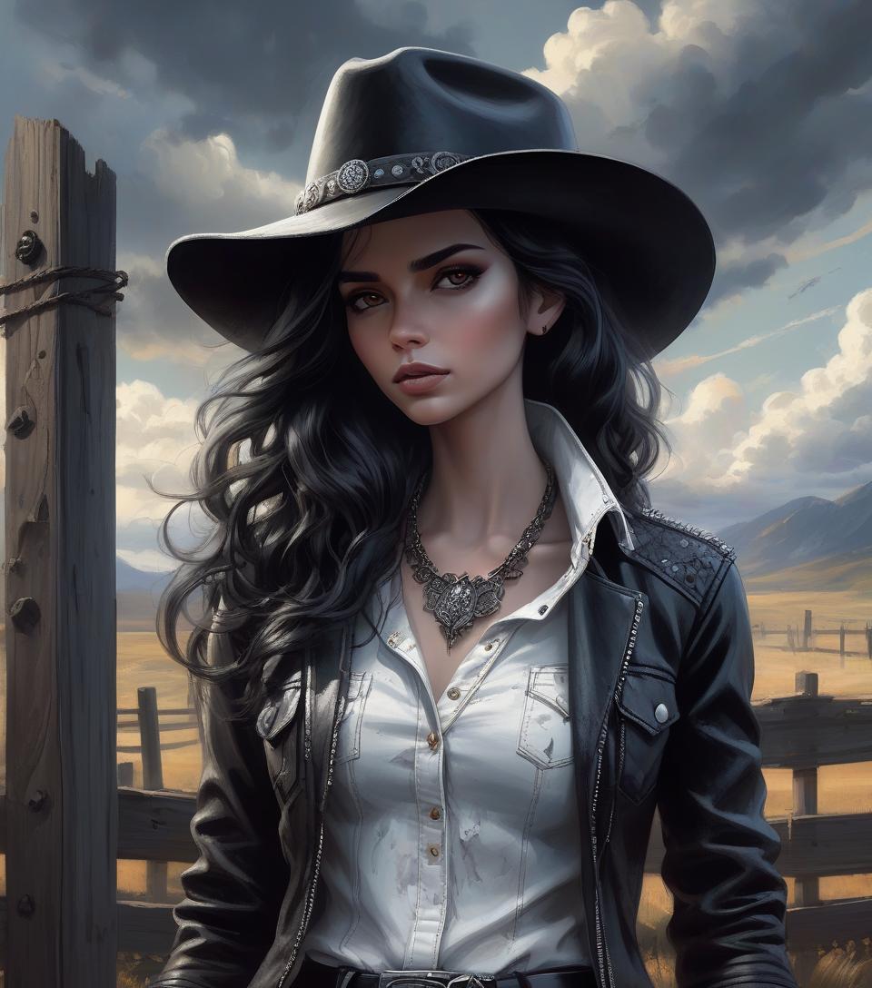  a stunning dark fantasy concept art piece featuring a close up portrait of a fashionable woman. her black and white leather cowhide jacket, white denim shirt, and matching black jeans are accessorized with a black cowboy hat, a statement necklace, and a belt adorned with an intricate buckle. her wavy black hair cascades down her shoulders, framing her intense, distant gaze. she stands before a rustic wooden fence, against a backdrop of a mesmerizing artistic sky, achieved through skillful brushstrokes. the overall atmosphere exudes a sense of mystery and intrigue.