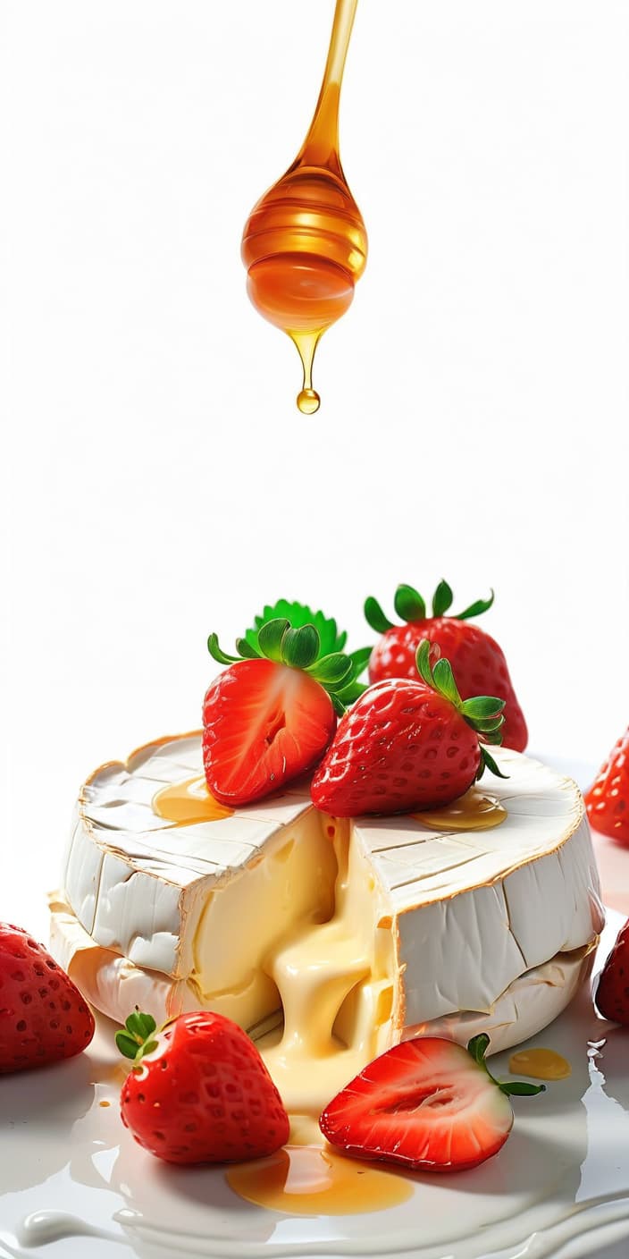  camembert cheese flows from it, next to strawberries, white background, oil painting