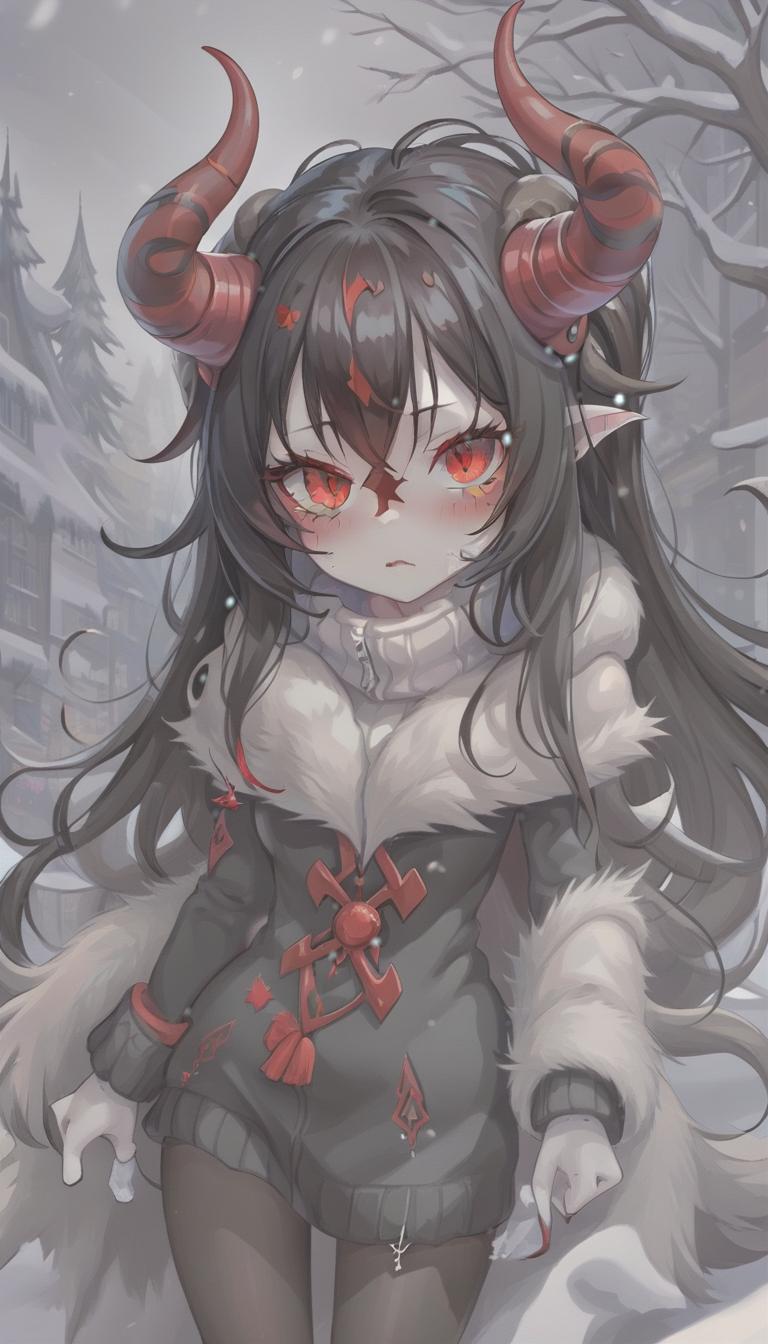  breathtaking demon girl, white skin, red horns, black long hair, red eyes, winter clothes . award winning, professional, highly detailed, sticker