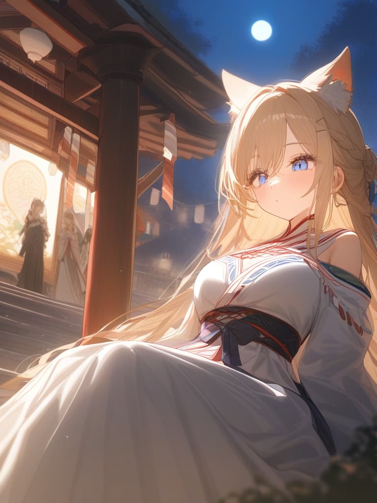  blond, blue eyes, night, big moon, shrine maiden, wolf ears, up, masterpiece, best quality,8k,ultra detailed,high resolution,an extremely delicate and beautiful,hyper detail