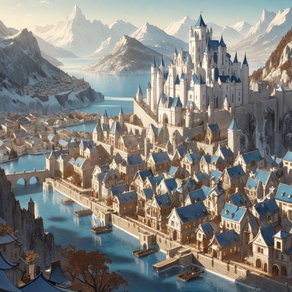  manga artwork city with white houses and blue roofs, it has a big castle in a terrace and a great lake in the background, with icy moutains. anime rpg style . manga artist. manga, highly emotional. best quality, high resolution