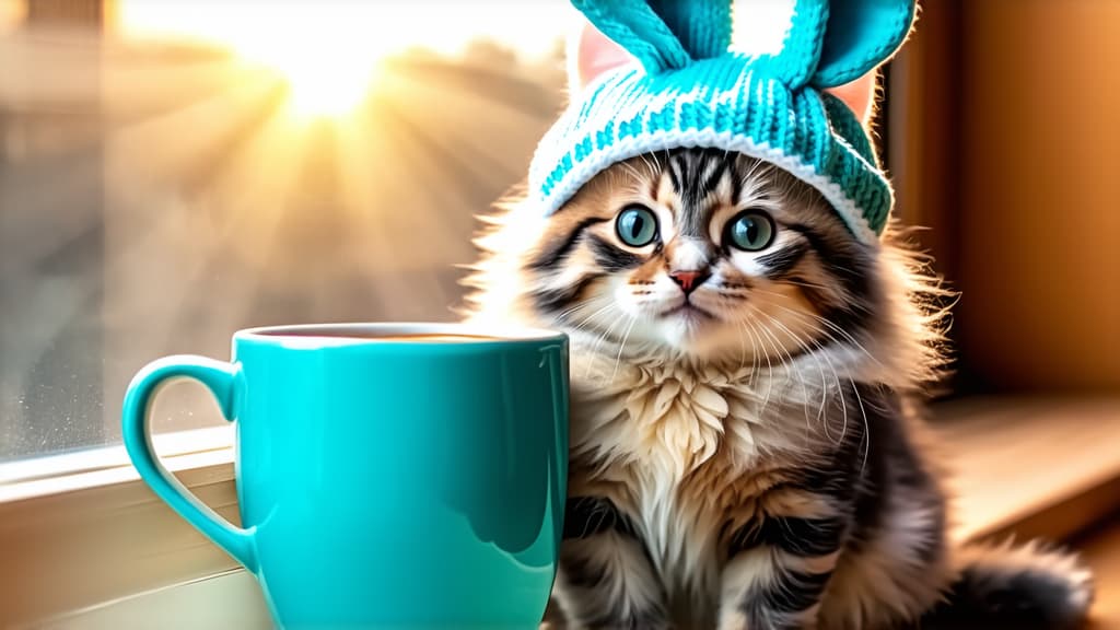  close up of a fluffy kitten with a coffee mug wearing a bunny hat, on the window sill, photo, very cute, turqouise, wallpaper, good morning, rays of morning sun, fully covered, incredibly beautiful postcard ar 16:9 {prompt}, maximum details