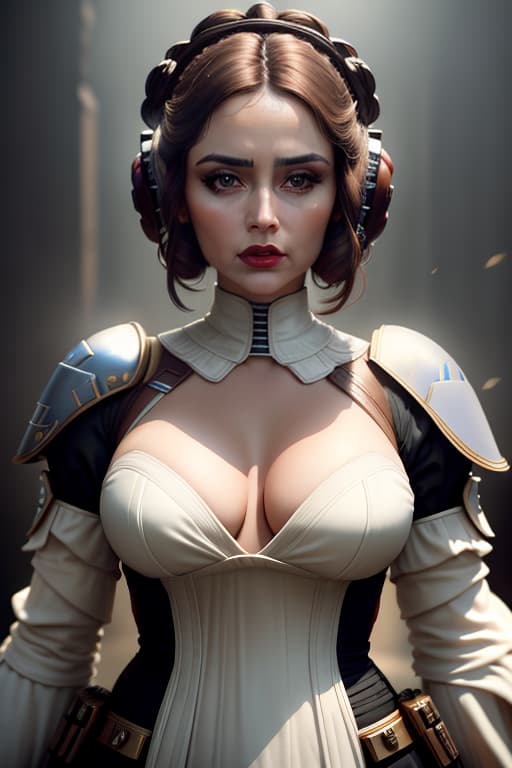  ((best quality)), ((masterpiece)), (detailed), beautiful face, princess Leia, (defiance512:1.2), big eyes, carmin red lips, teeth, heavy black iron armor, detailed helmet, intense gaze, battle ready, contrasting soft skin, (lighting:1.2), close up portrait, 4:3 aspect ratio. hyperrealistic, full body, detailed clothing, highly detailed, cinematic lighting, stunningly beautiful, intricate, sharp focus, f/1. 8, 85mm, (centered image composition), (professionally color graded), ((bright soft diffused light)), volumetric fog, trending on instagram, trending on tumblr, HDR 4K, 8K