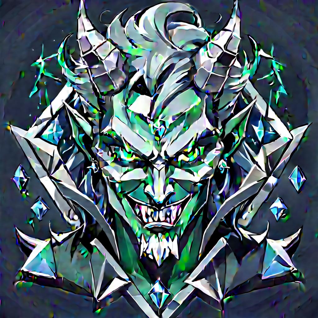  minimalist style diamond devil, portrait. dark green eyes, man. kind. hair gray. with fangs and horns. colors blue, blue, silver . simple, clean, uncluttered, modern, elegant