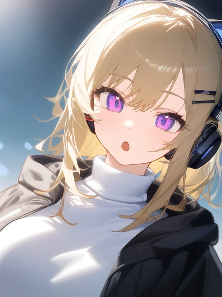  (black cat ear headphones: 1.2), masterpiece, open mouth, best quality, close up, from front, medium hair, purple eyes, erling. e oversized jacket, (shoulder gap: 1.2) , (white turtleneck: 1.1), (hair pin: 1.3)