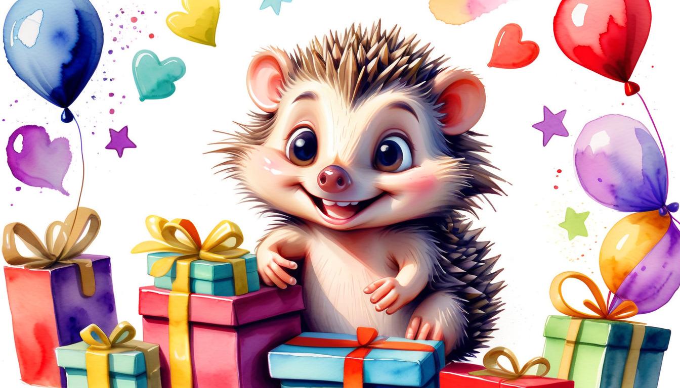  watercolor painting (drawn) (watercolor) cute hedgehog opens a box of gifts and toys, smiling face, cartoon effect, middle plan, add boxes around . vibrant, beautiful, painterly, detailed, textural, artistic