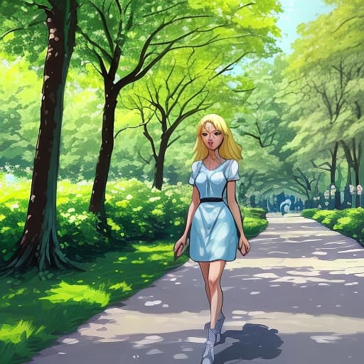  appearance: girl with blue eyes, blonde hair long. walking through the park, where there are many green trees and eating ice cream, it is summer outside.