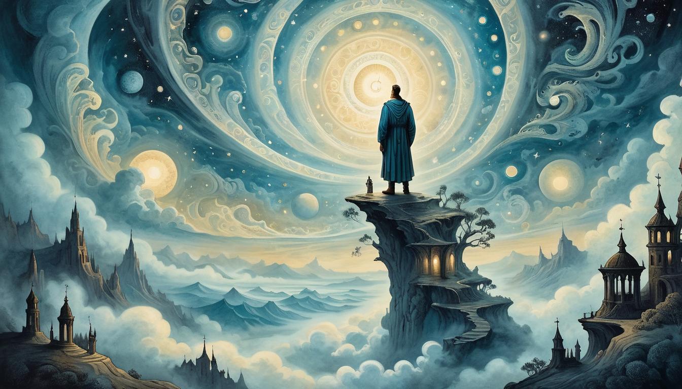  on parchment, surrealism+++, a figure standing on a celestial overlook, eyes glowing with divine light, gazing upon the world below, background of swirling mist and cosmic patterns, elevated, comprehensive, serene(mysterious, provocative, symbolic,muted color)+++