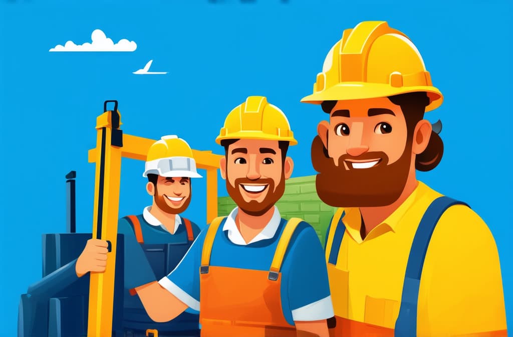  flat illustration, flaticon, (illustration:1.15), smiling builder men working in building construction, looking at camera ar 3:2, [cory loftis, strobist, pascal campion :: 0.2]