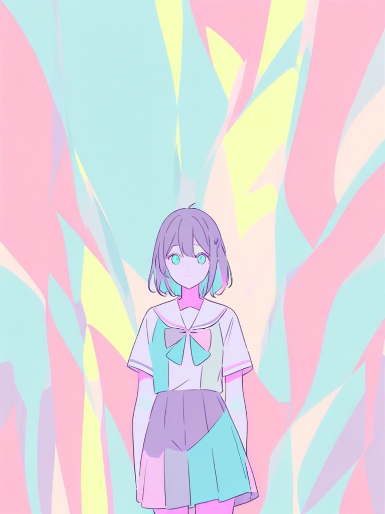  green haired schoolgirl with colorful (((high school uniform))) (grunge splats) (((pastel colors:1.5))) flat color