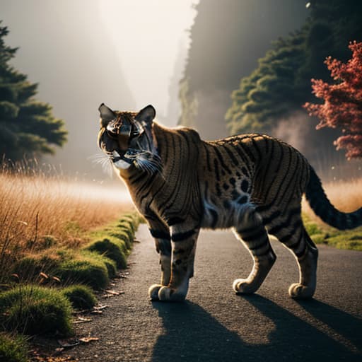  a big cat ,kyoto hyperrealistic, full body, detailed clothing, highly detailed, cinematic lighting, stunningly beautiful, intricate, sharp focus, f/1. 8, 85mm, (centered image composition), (professionally color graded), ((bright soft diffused light)), volumetric fog, trending on instagram, trending on tumblr, HDR 4K, 8K