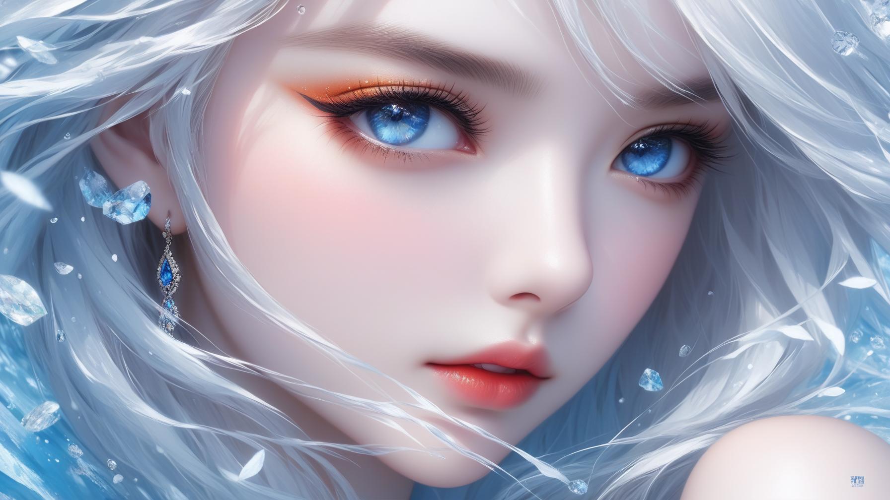  masterpiece,best quality,official art,extremely detailed cg 8k wallpaper,(flying petals) (detailed ice),crystals texture skin,1girl,cold expression,white hair,long hair,messy hair,blue eye,looking at viewer,extremely delicate and beautiful,water,((beauty detailed eye)),highly detailed,cinematic lighting,((beautiful face), fine water surface, (original figure painting), ultra detailed, incredibly detailed, (an extremely delicate and beautiful), beautiful detailed eyes, (best quality)