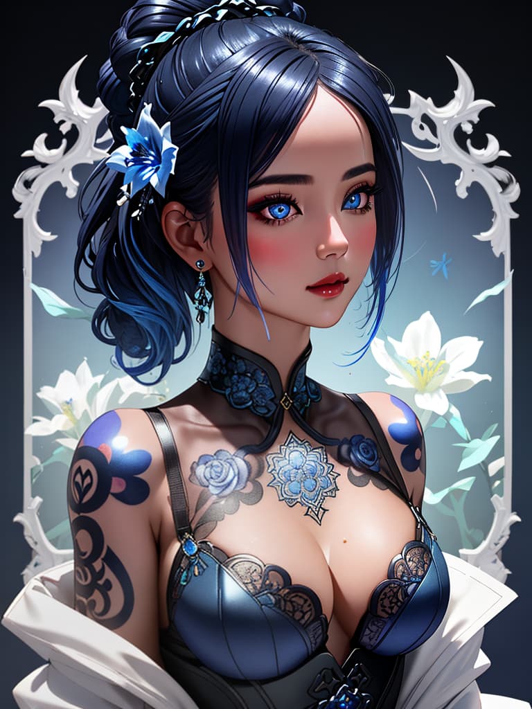  Close-up porcelain female figurine, looking to the camera, glossy surface, glaze, shiny, blue floral tattoos on her, dark gradient background, baroque dark style, hyperrealistic, CG society, intricate details