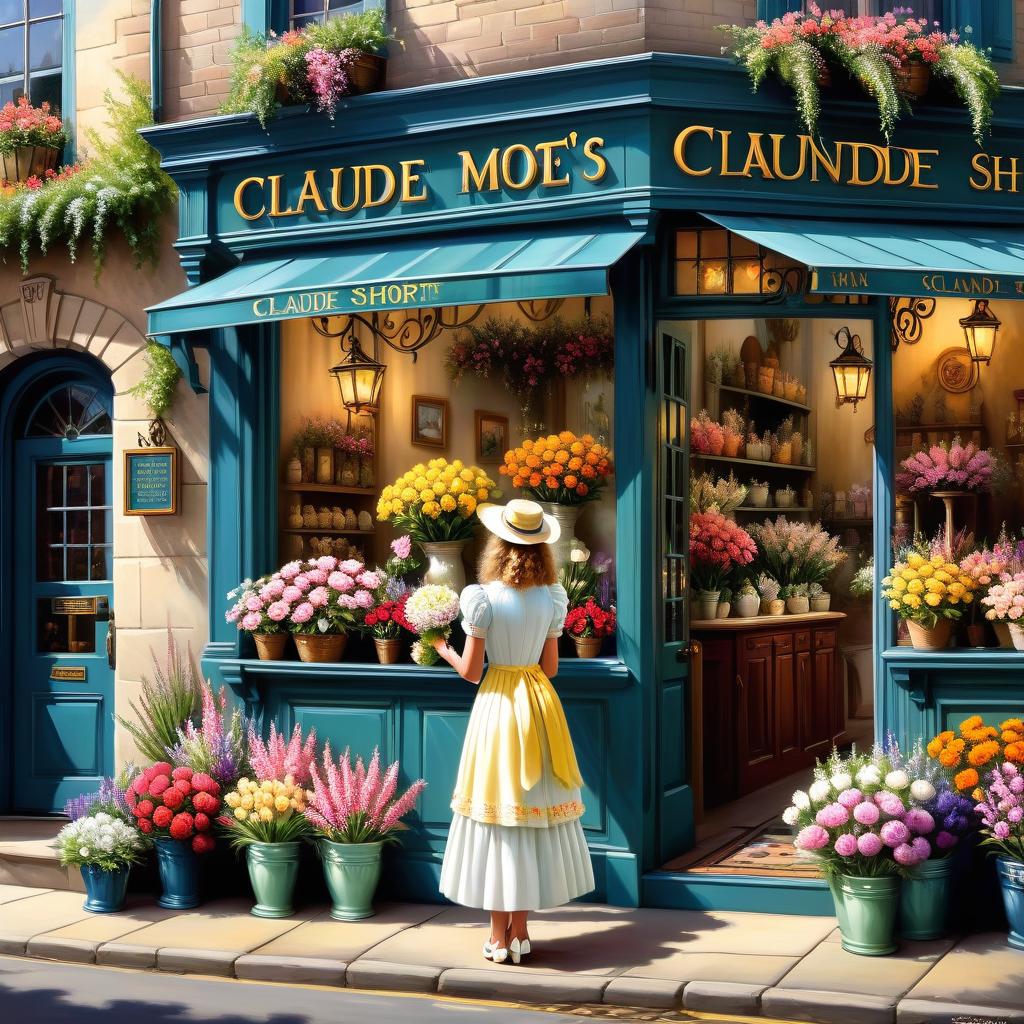  realistic oil painting, a masterpiece. a charming old english flower shop with intricate details of flowers and plants in the window. a lovely flower girl stands in the doorway, inviting customers to enter with a warm smile, a charming bouquet in her hand. the sign on the flowers store. the lighting is soft and natural, emphasizing the bright colors of the flora. the painting captures the entire scene, creating the feeling that you are present there in person. this piece is sure to take you to a serene world filled with beautiful flowers and pleasant people. in the style of claude monet and thomas moran., perfecteyes, t shirt design