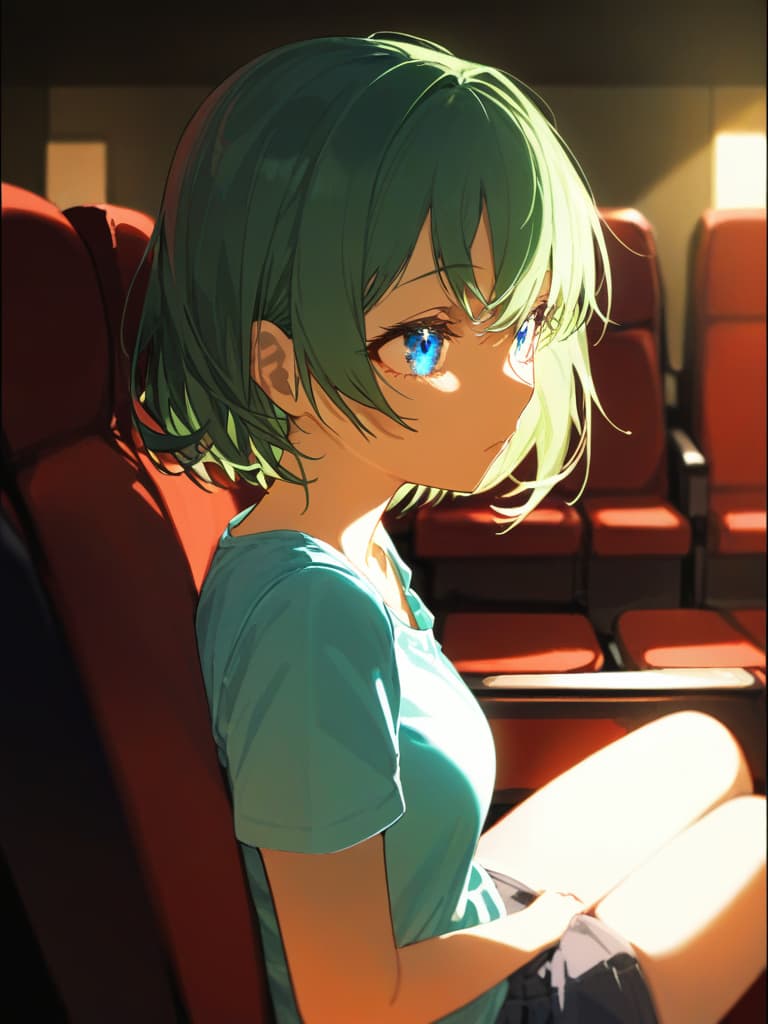  ((yellow green hair,bob hair,blue eyes,shining eyes)),((movie theater,watching a movie,sitting in a chair,image reflected in eyes: 1.5)),((shorts,summery t shirt,short sleeves,inside a movie theater,clear shadows,engrossed in the movie))、ultra detailed,best shadow,cute and beautiful face,(masterpiece:1.2),(best quality:1.2),detailed background,high contrast,(best illumination,an extremely delicate and beautiful),((cinematic light)),hyper detail,dramatic light,intricate details,8k,anime,very aesthetic