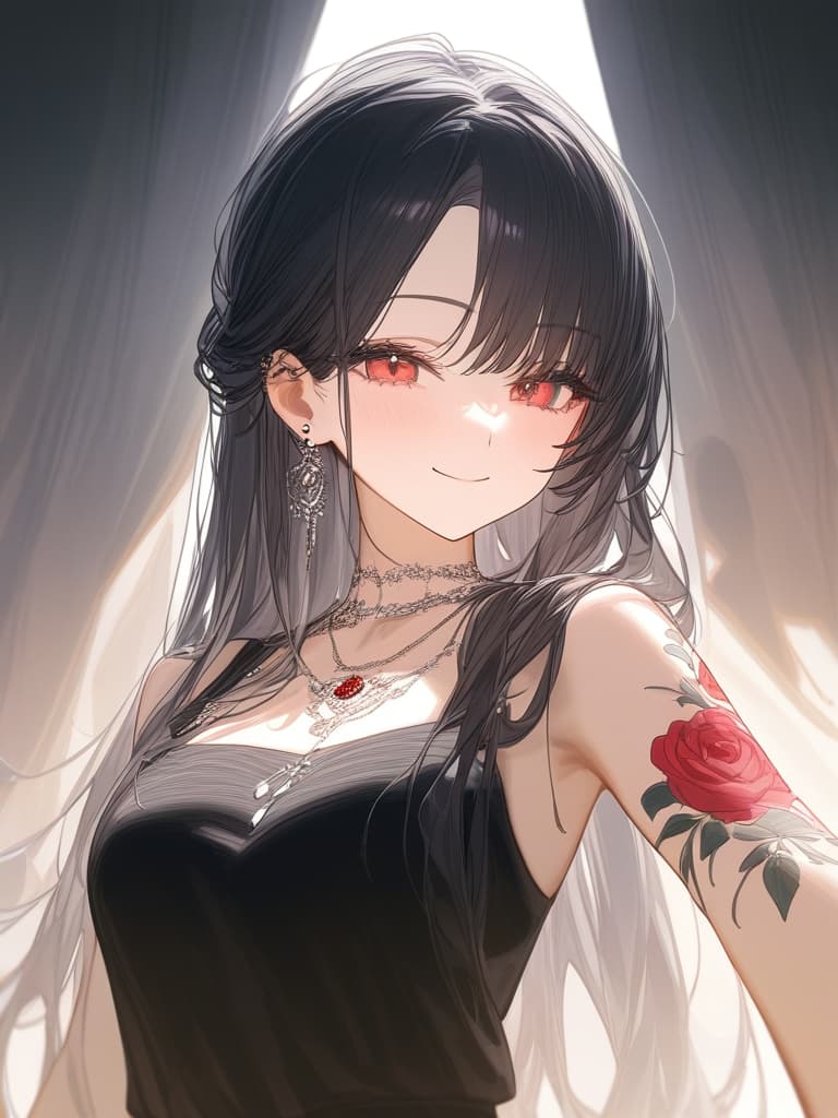  long hair, black hair, hair tips are pink, red eyes, hanging, bangs, and length of bangs, adults, adult faces, piercings, necklaces, hair are light pink and black, thin makeup on the arm. there is a rose tattoo, a rose tattoo on your arm, smiling, masterpiece, best quality,8k,ultra detailed,high resolution,an extremely delicate and beautiful,hyper detail