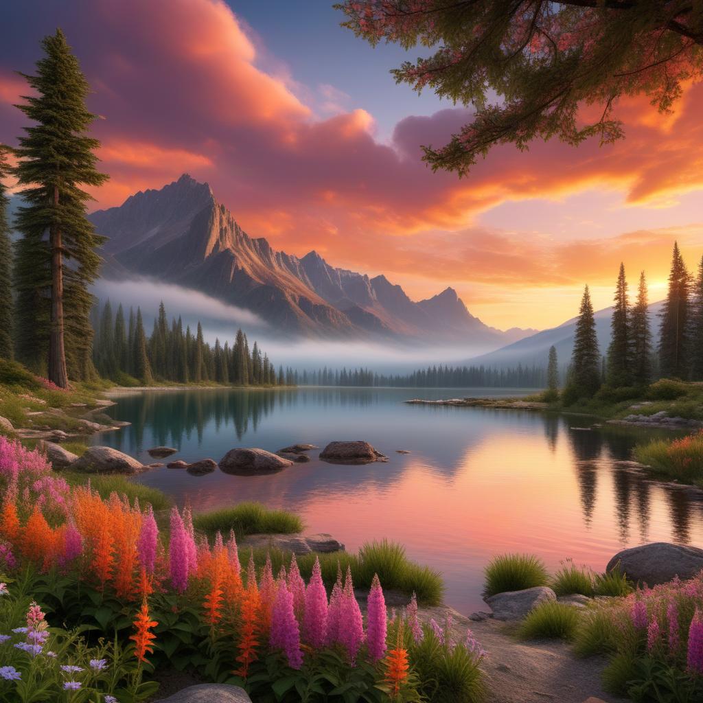  A beautiful sunset landscape, featuring a vibrant sky filled with shades of orange, pink, and purple as the sun sets on the horizon. Below, a serene lake reflects the colorful sky, surrounded by lush green trees. Silhouettes of mountains can be seen in the distance, adding depth to the scene. The foreground is adorned with wildflowers, creating a picturesque, tranquil atmosphere. hyperrealistic, full body, detailed clothing, highly detailed, cinematic lighting, stunningly beautiful, intricate, sharp focus, f/1. 8, 85mm, (centered image composition), (professionally color graded), ((bright soft diffused light)), volumetric fog, trending on instagram, trending on tumblr, HDR 4K, 8K