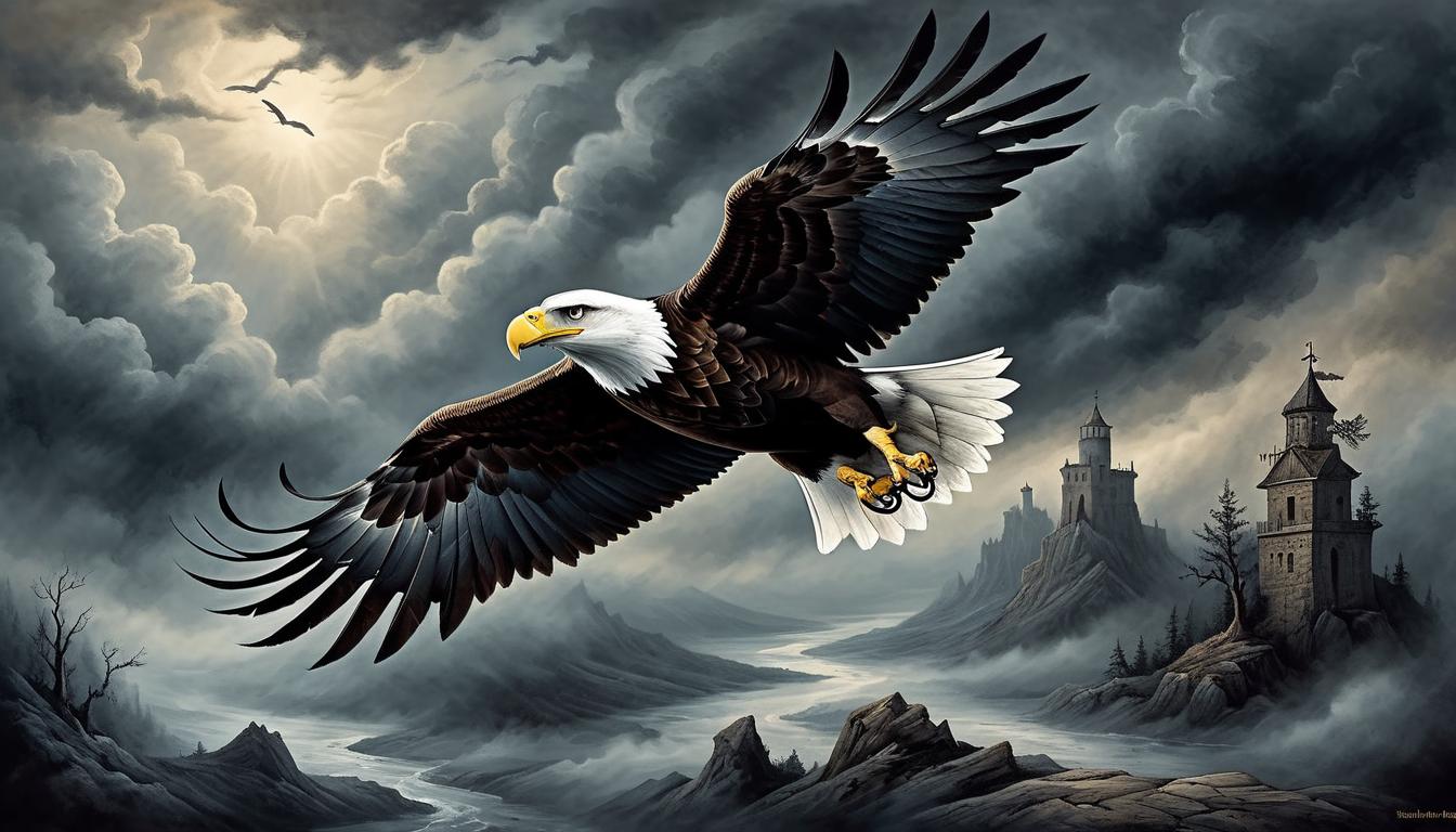  on parchment, surrealism+++, a soaring eagle, flying over a dark, stormy landscape, breaking through the clouds, freedom, release(mysterious, provocative, symbolic,muted color)+++