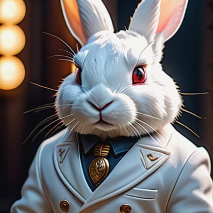  a small white rabbit hyperrealistic, full body, detailed clothing, highly detailed, cinematic lighting, stunningly beautiful, intricate, sharp focus, f/1. 8, 85mm, (centered image composition), (professionally color graded), ((bright soft diffused light)), volumetric fog, trending on instagram, trending on tumblr, HDR 4K, 8K