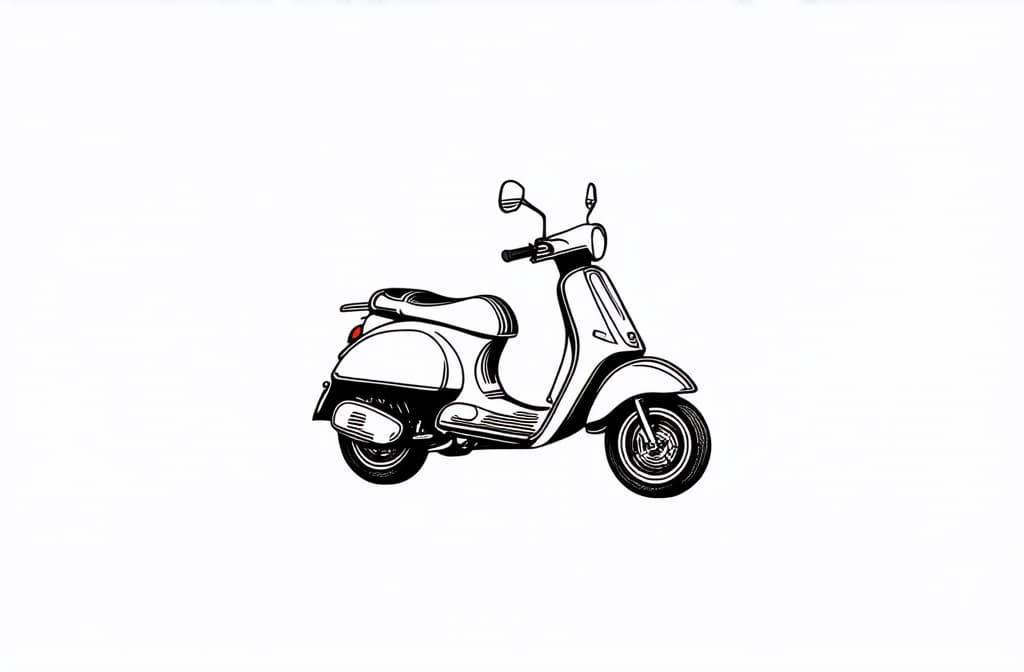  contour, very simple image in one unbroken black ink line, single line of scooter, engraving illustration, icon isolated on white background ar 3:2 using a single continuous black line ink brushon white background, drawing should be created without lifting the pen, recognizable features of scooter, engraving illustration, icon isolated on white background ar 3:2 in one unbroken line