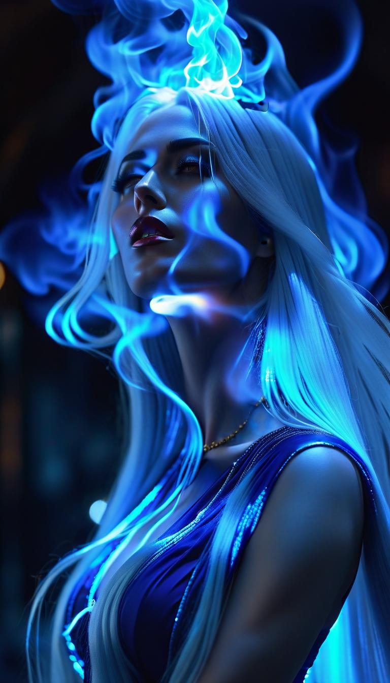  a blue flame girl, long white hair, very long hair stained in a fat coin, lighting a blue dress hyperrealistic, full body, detailed clothing, highly detailed, cinematic lighting, stunningly beautiful, intricate, sharp focus, f/1. 8, 85mm, (centered image composition), (professionally color graded), ((bright soft diffused light)), volumetric fog, trending on instagram, trending on tumblr, HDR 4K, 8K