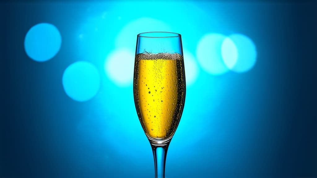  epic realistic, hyperdetailed, (cycles render:1.3), caustics, (glossy:0.58), (artstation:0.82),glass of sparkling champagne on the left on a blue background with bokeh ar 16:9