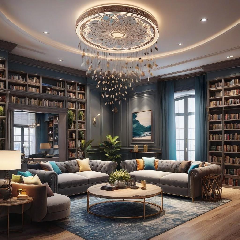  an extremely apartment. there’s dream catchers on the walls and tons of books. there’s even a giant old dream catcher in the middle of the room. there’s a small couch to the side., award winning, professional, highly detailed, masterpiece