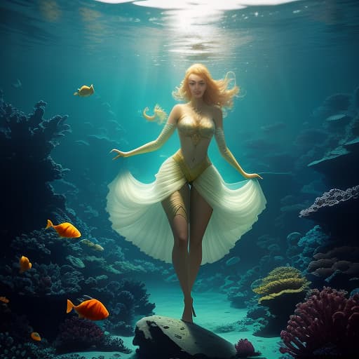  A girl is fully underwater walking barefoot around beautiful marine plants and fish. A golden fish swims towards one of her hands, shining light around. hyperrealistic, full body, detailed clothing, highly detailed, cinematic lighting, stunningly beautiful, intricate, sharp focus, f/1. 8, 85mm, (centered image composition), (professionally color graded), ((bright soft diffused light)), volumetric fog, trending on instagram, trending on tumblr, HDR 4K, 8K