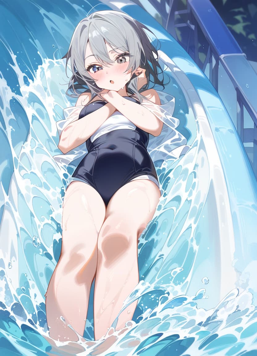  1, yuki setsuna, love live nijigasaki high idol club, sliding down a water slide, water slide, compeion , :o, masterpiece, best quality, very aesthetic, absurdres, feet out of frame . best quality, high resolution