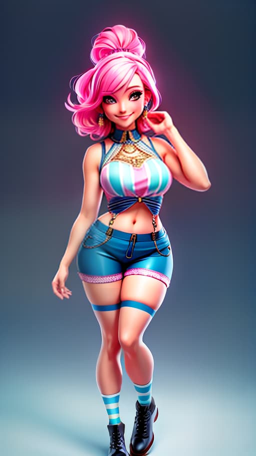  1, , in a tank top with cutouts under the , bob with pink blue hair, thin legs in striped stockings, tight shorts made of ropes, Photorealistic, Hyperrealistic, Hyperdetailed, analog style, demure, detailed skin, pores, smirk, smiling eyes, matte skin, soft lighting, subsurface scattering, realistic, heavy shadow, masterpiece, best quality, ultra realistic, 8k, golden ratio, Intricate, High Detail, film photography, soft focus hyperrealistic, full body, detailed clothing, highly detailed, cinematic lighting, stunningly beautiful, intricate, sharp focus, f/1. 8, 85mm, (centered image composition), (professionally color graded), ((bright soft diffused light)), volumetric fog, trending on instagram, trending on tumblr, HDR 4K, 8K