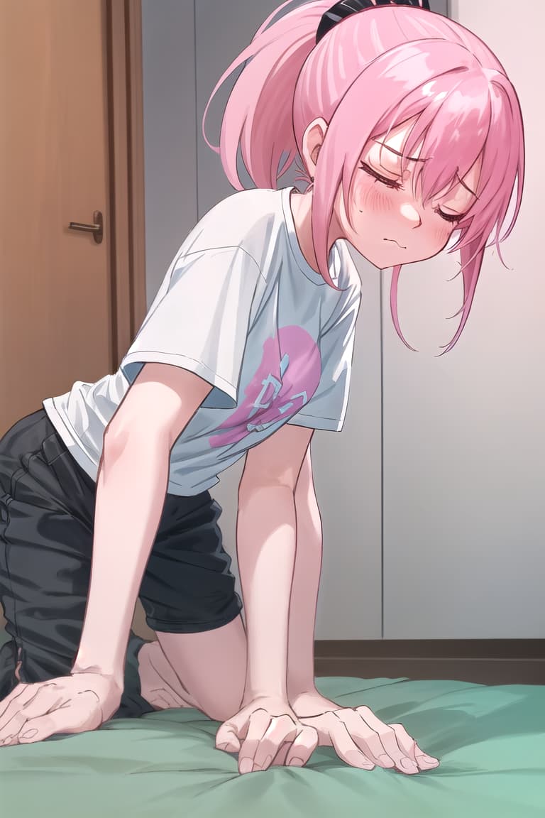  r 18, , middle , pink haired ,ponytail,large eyes,t shirts, , room,A woman, on all fours, emces her with boldness and abandon. Her expression is one of unerated bliss, eyes closed, mouth slightly open, a soft moan escaping as she leans into the sensations. Her right hand boldly explores her most areas, fingers moving with purpose, while her left hand gently squeezes and caresses her full , thumb brushing against her erect . camera from side